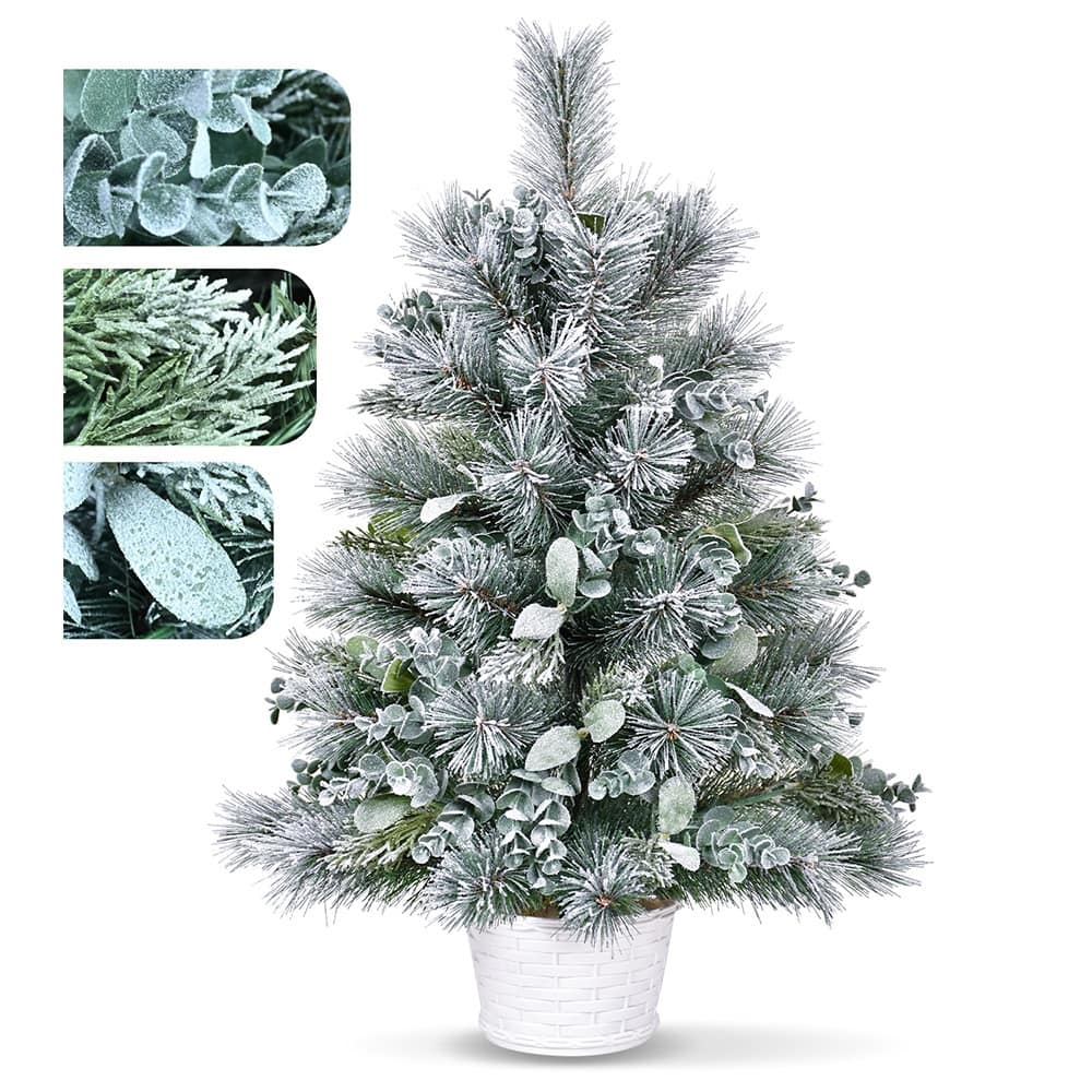 Mini Flocked Tabletop Christmas Tree - Eucalyptus & Pine Needle Accents, Plastic Cement Base, Desk/Mantel Decor - White+Green