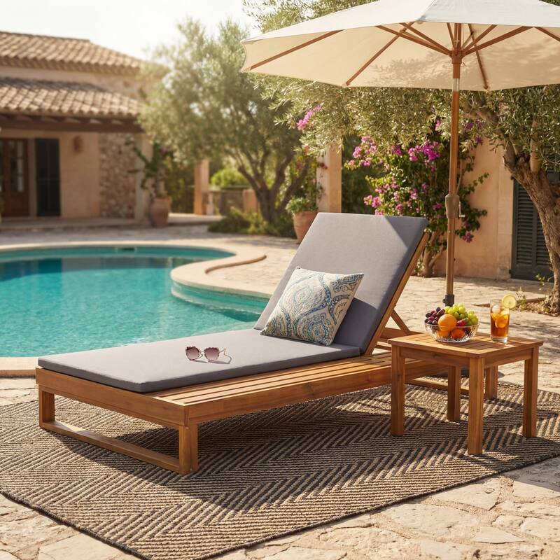 Christopher Knight Home - Modern Outdoor Acacia Wood Chaise Lounge with 4-Position Adjustable Backrest & 2-Fold Cushion