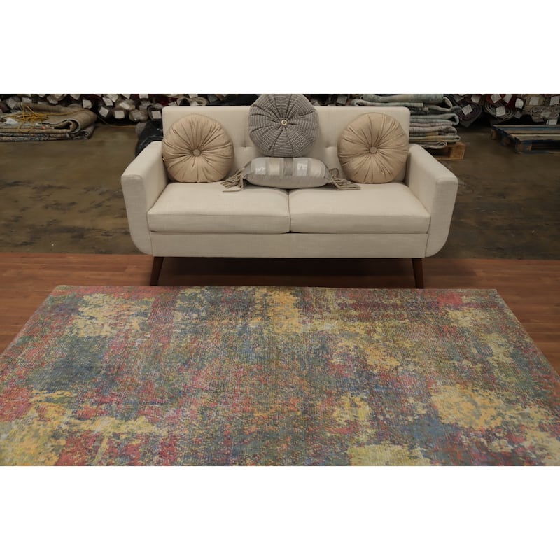 Hand Knotted Oriental Viscose Silk Carpet Modern All-Over Multi-Colored Abstract Area Rug - 7' 8'' X 5' 5''
