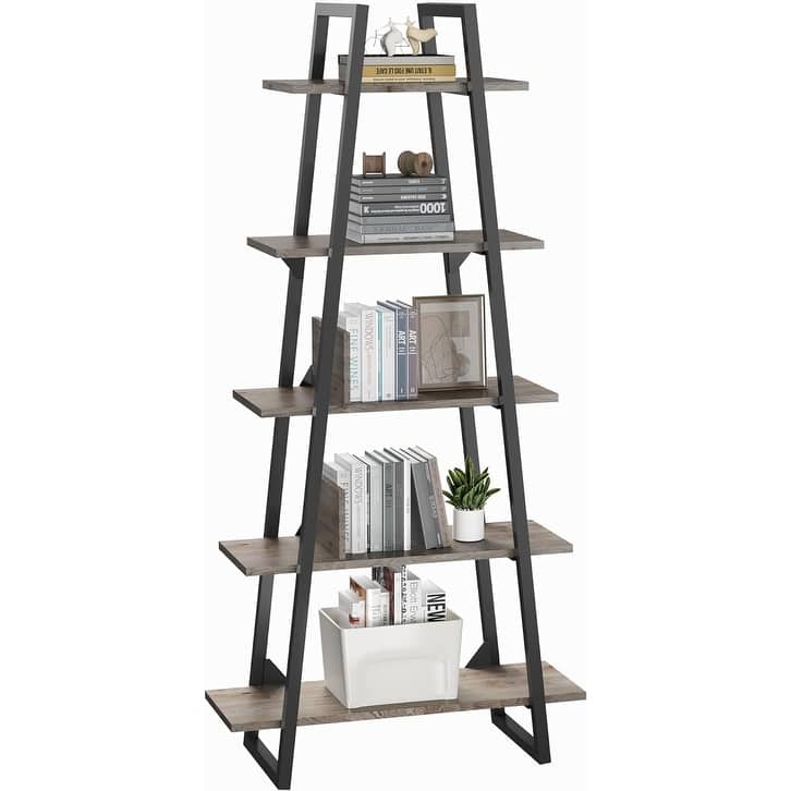 5-Tier Metal Ladder Bookshelf, Rustic Bookcase with Open Display Shelves