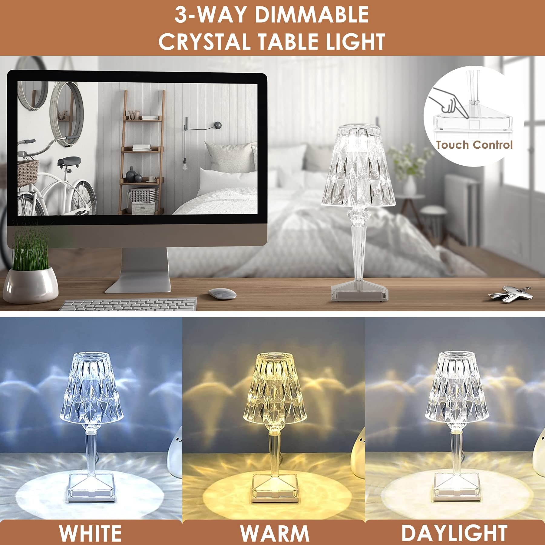 Crystal Diamond Table Light Touch Cordless Table Lamp with USB