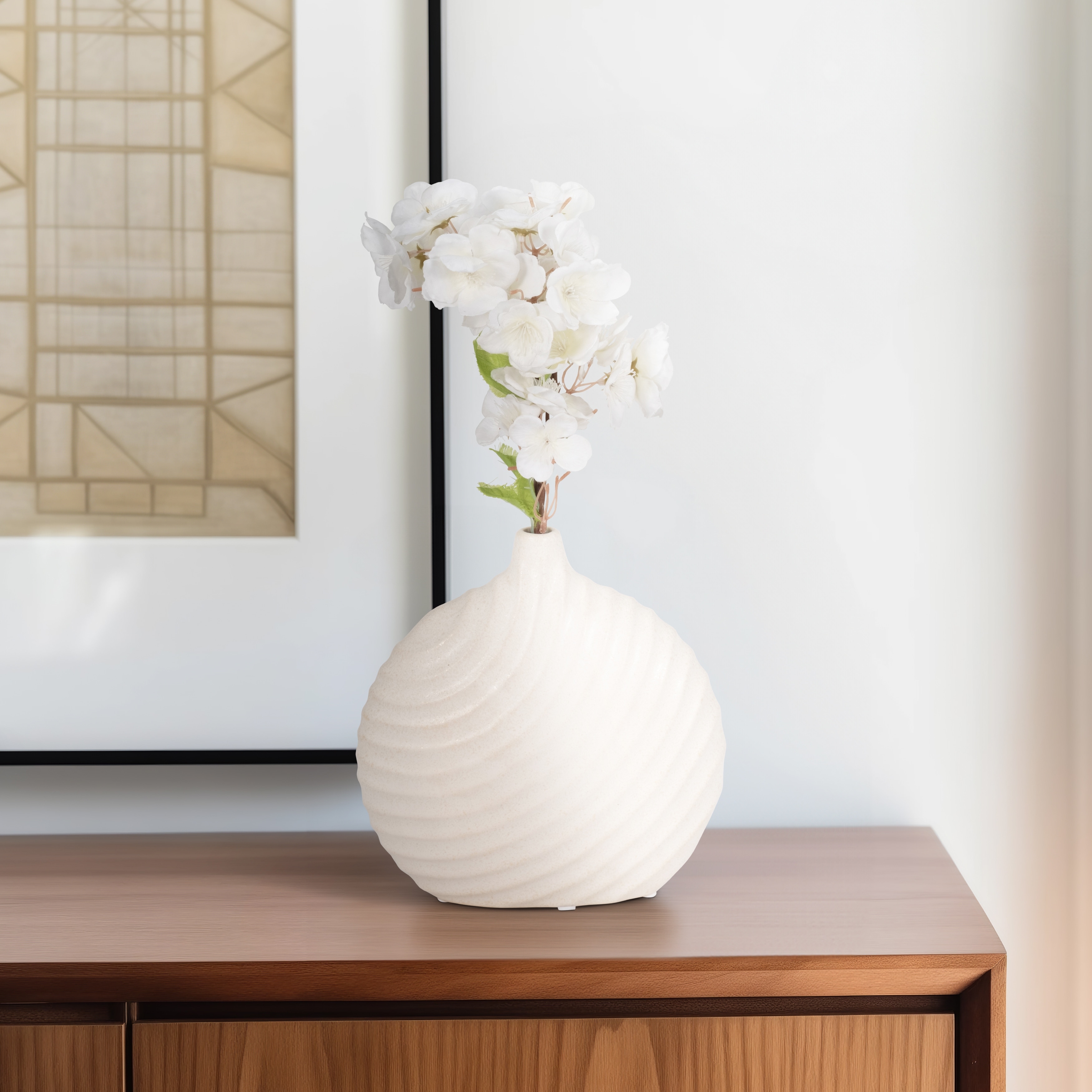 Sagebrook Home Ceramic Vase - 8-inch Round Swirled Matte Finish in Elegant White