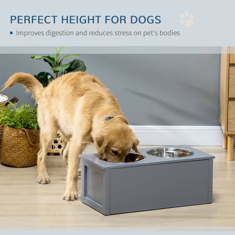Elevated Dog Bowls, Raised Dog Bowl Stand with Storage, 2 Stainless Steel Bowls, Pet Feeding Station for Medium Dogs - Grey