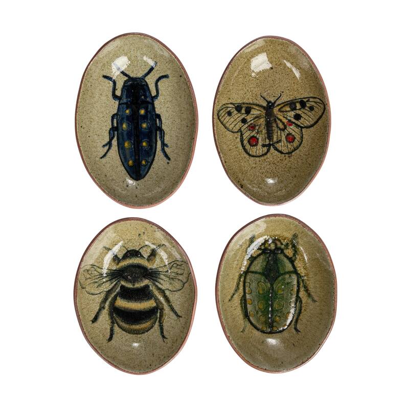 Stoneware Bowl Set with Insect and Bird Designs - 7.0"L x 4.8"W x 1.1"H