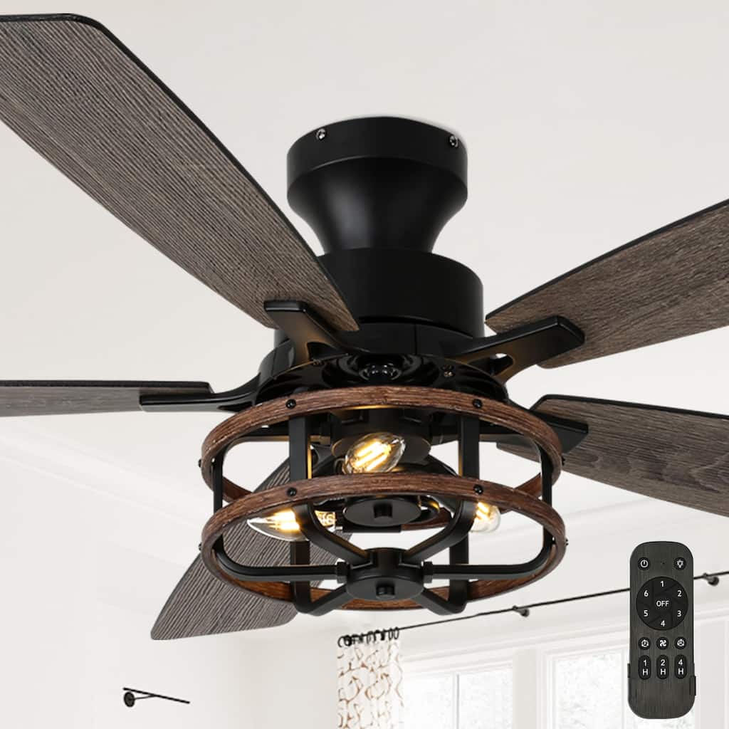 Cusp Barn 52-In Farmhouse Black Caged Ceiling Fan with Lights and Remote Control, Low Profile Flush Mount Chandelier Ceiling Fan
