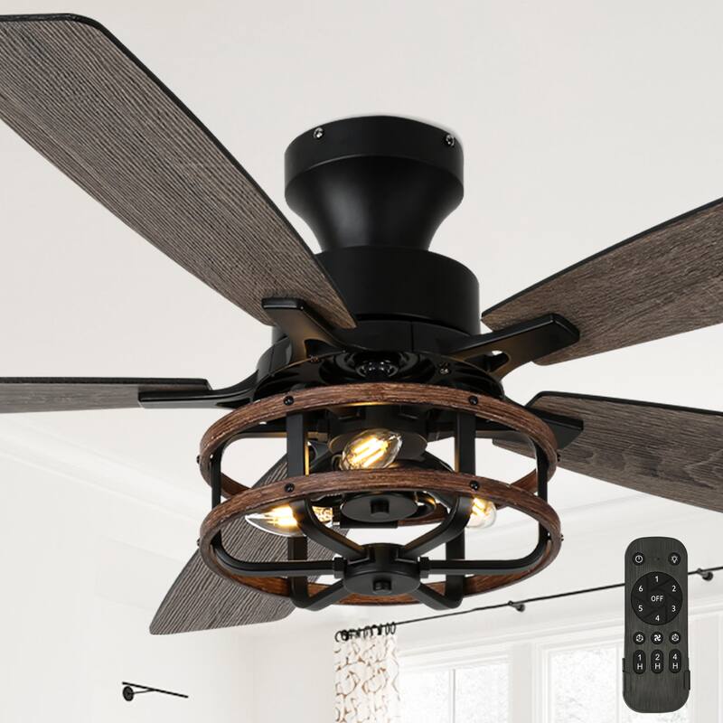 Cusp Barn 52-In Farmhouse Black Caged Ceiling Fan with Lights and Remote Control, Low Profile Flush Mount Chandelier Ceiling Fan - Black
