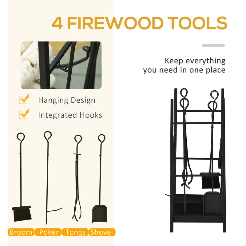 Outsunny 18" 2-Tier Firewood Log Wood Storage Rack with Shovel, Broom, Poker, Tongs and Hooks, for Fireplaces, Black