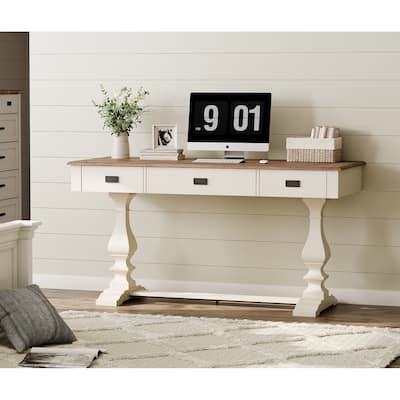 Vintage Rustic Executive Desk with Charging Station Home Office Table