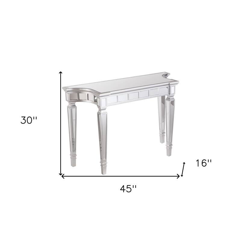 Silver Glass Free Form Console Table with Wood Base and Mirrored Top - 45” L x 16” W x 30” H