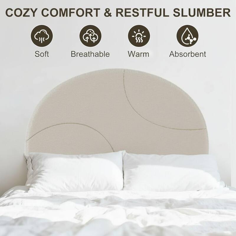 Twin Bed Frame, with Wooden Slats and Round Boucle Headboard