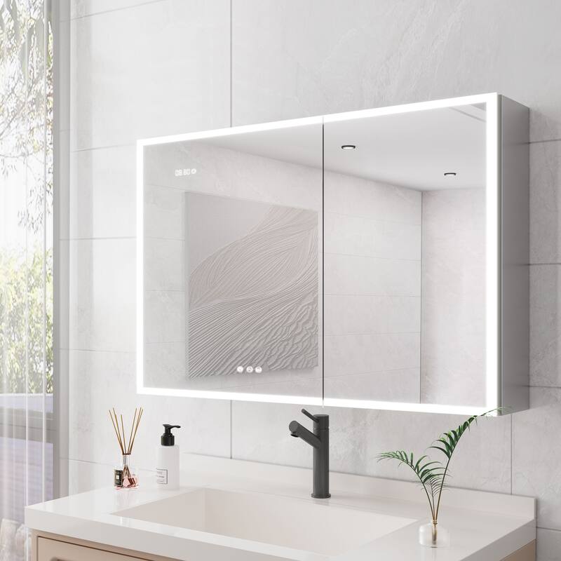 LED Bathroom Medicine Cabinet with Mirror, Double Door Lighted Medicine Cabinet with Defogger, Adjustable Brightness