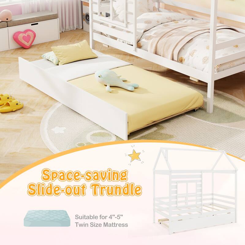 Gymax Twin Size House Bed with Trundle Wooden Platform Bed w/ Roof