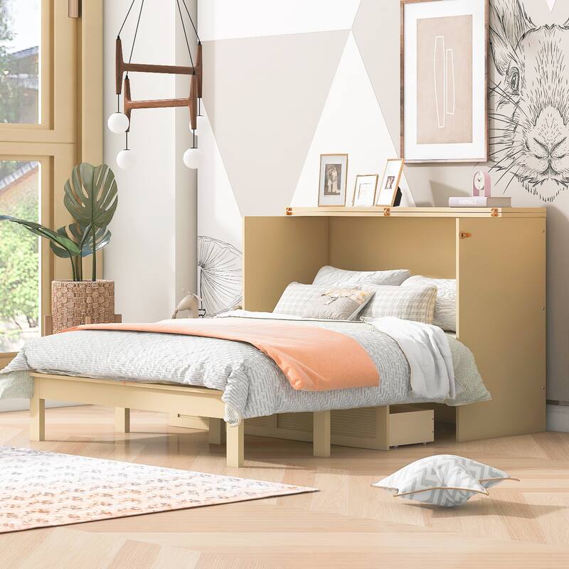 Modern Full Murphy Bed with Smooth Pulley Design, Storage Drawers, Sockets & USB Ports for Compact Living