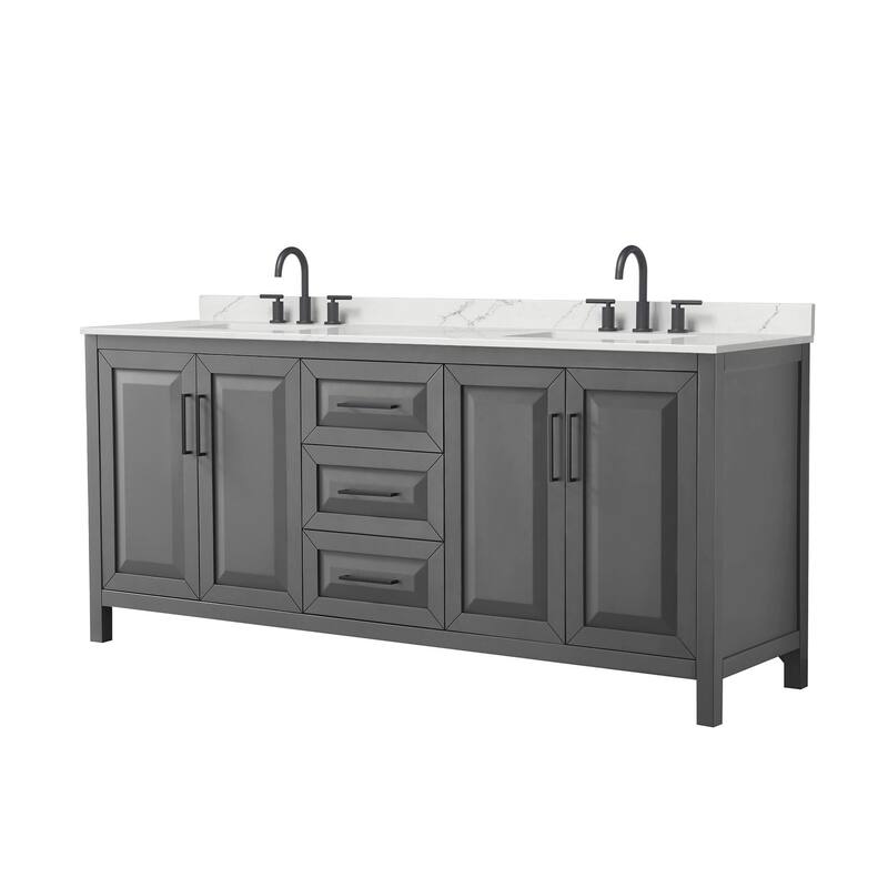 Daria 80-inch Double Vanity, 3 Hole Quartz Top - Dark Gray, Black Trim, Giotto Quartz Top