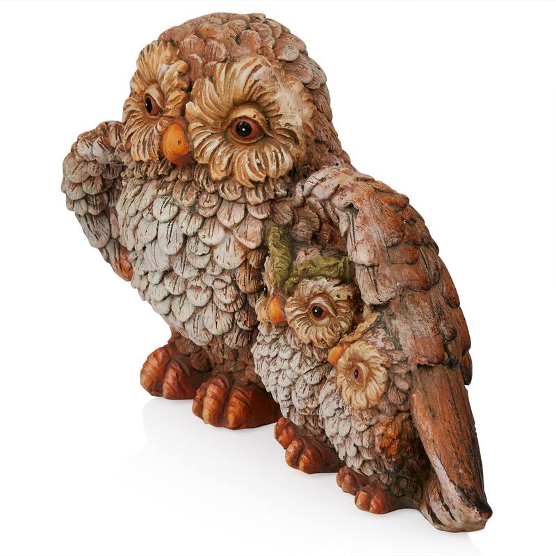 11" Owl Mom Wing Protecting Two Baby Owlettes Statuary