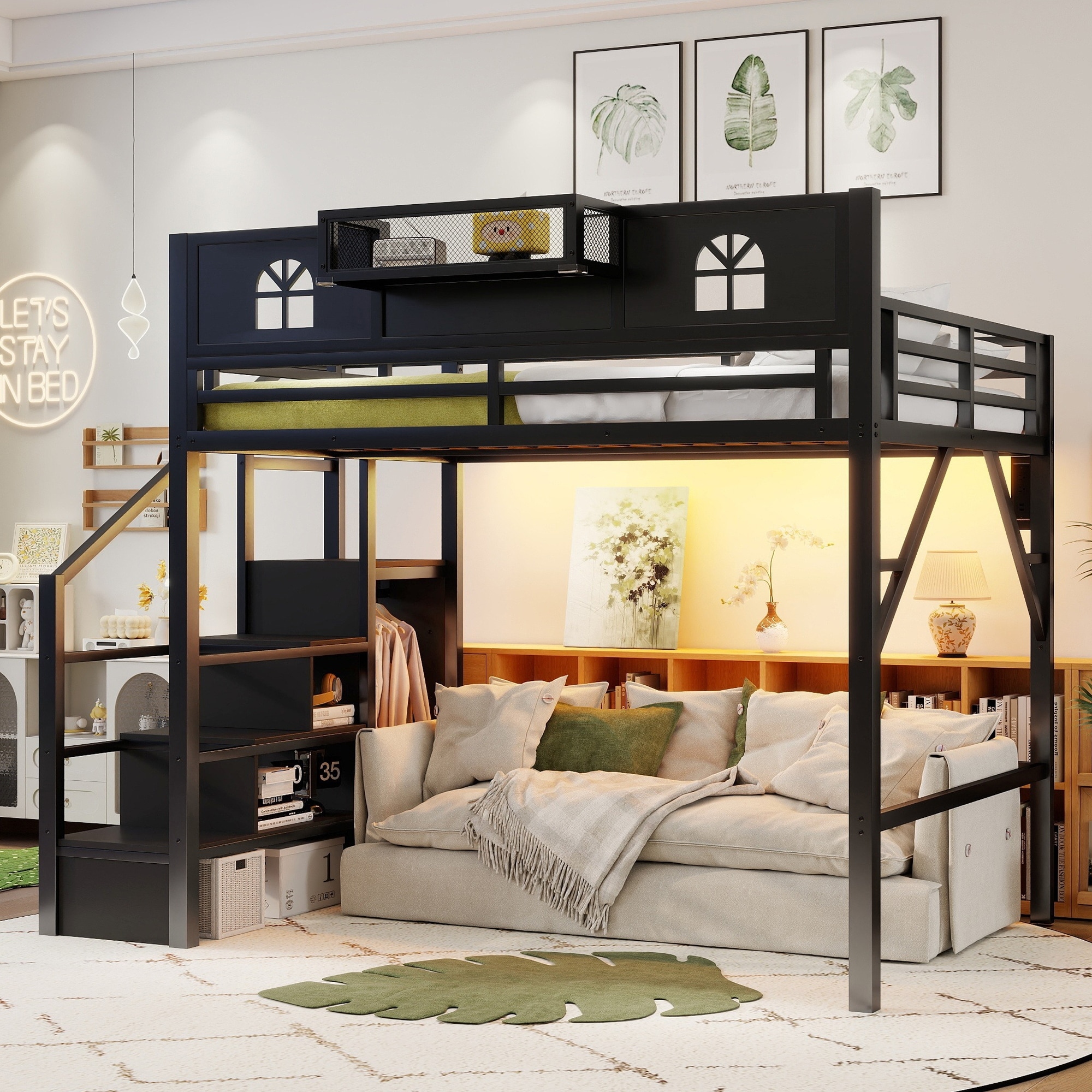 Metal Loft Bed with Wardrobe for Kids Teens