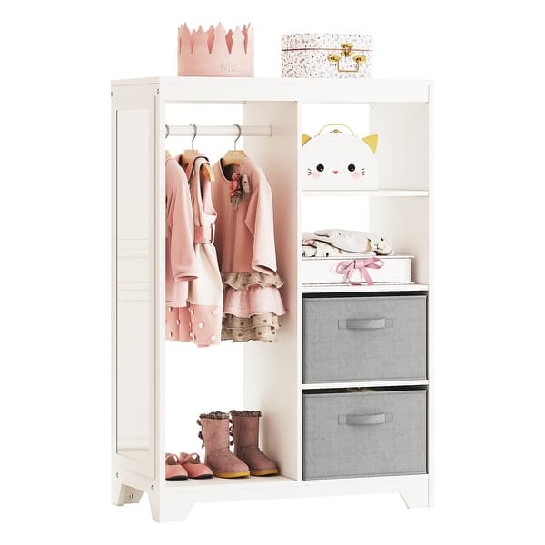 slide 2 of 7, COSTARS Kids Dress up Storage with Mirror and Storage Bin,Play Armoire Dresser with Mirror, Pretend Storage Closet White