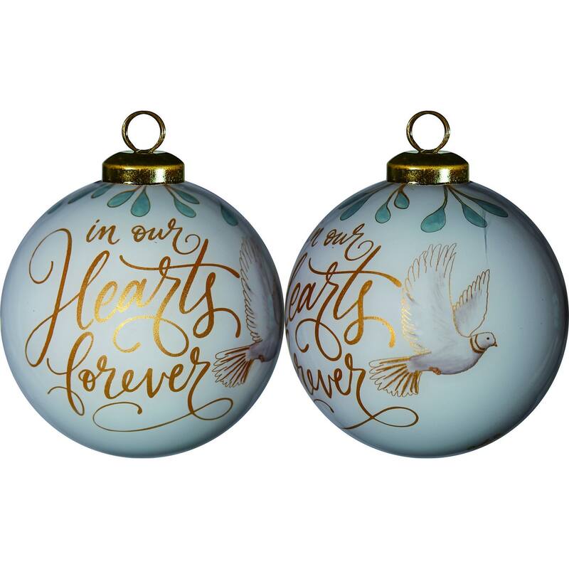 White and Gold In Our Hearts Forever Hand Painted Mouth Blown Glass Ornament - 3" x 3" x 3"