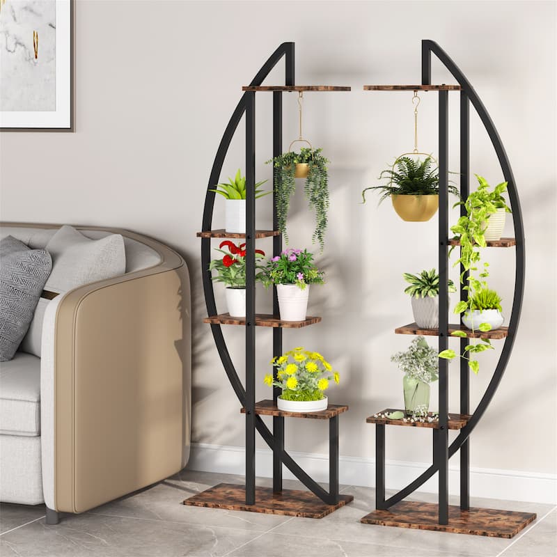5-tier Flower Rack Plant Stands Wooden Display Shelf, Half Moon Flower Table (Set of 2) - Vintage Brown