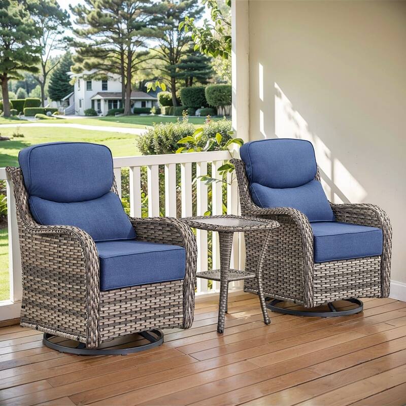 Arcadia 3-Piece Wicker Patio Swivel Glider Chairs with 6-Inch Thick Cushions and Side Table - Navy Blue Cushions - Gray Wicker