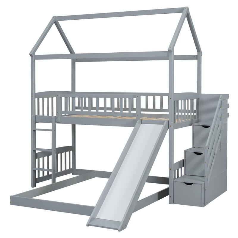 Twin Over Full Bunk Bed with Slide and Storage, Gray