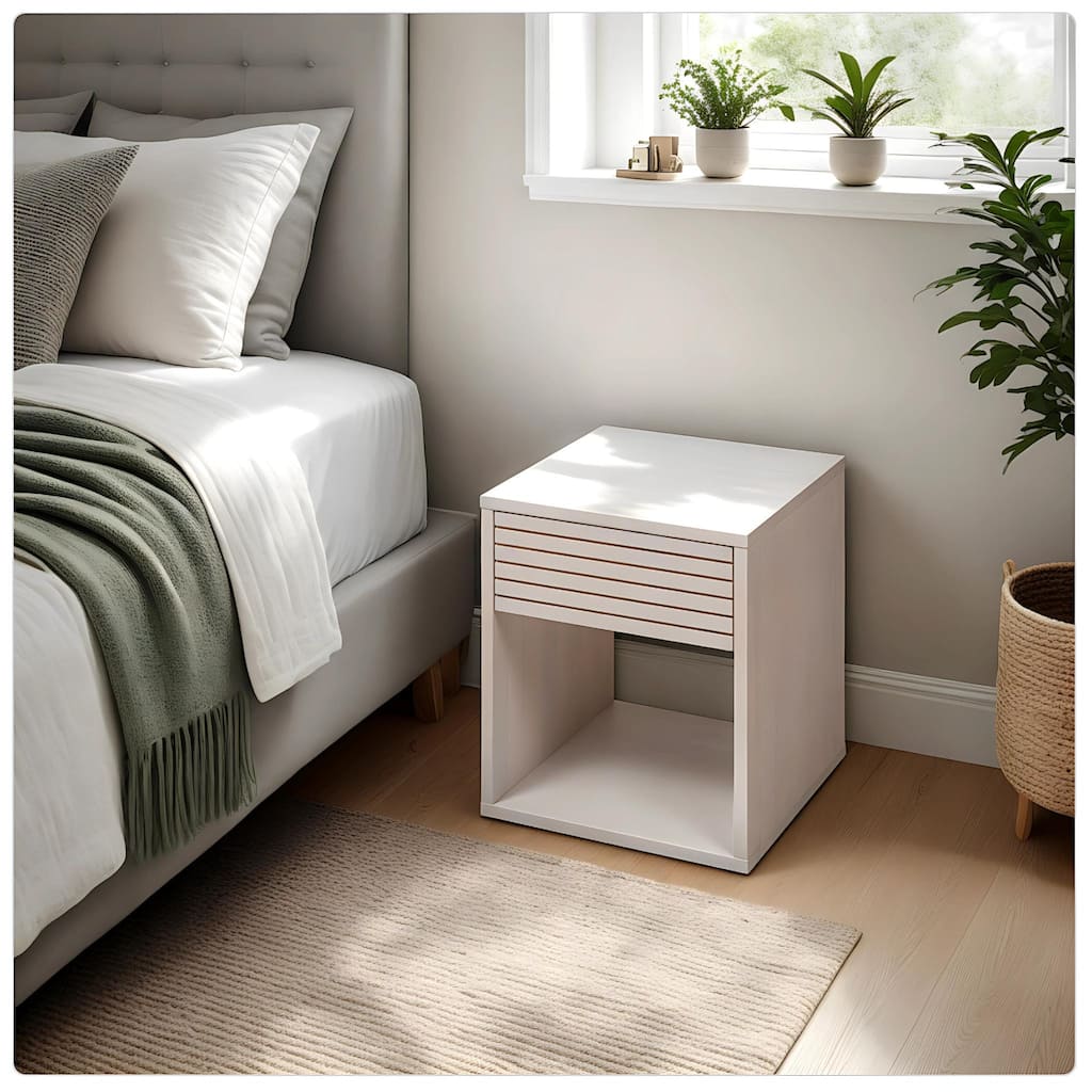 Nightstand set of 2 Whitewash Solid Beech Bedside Table with a Drawer