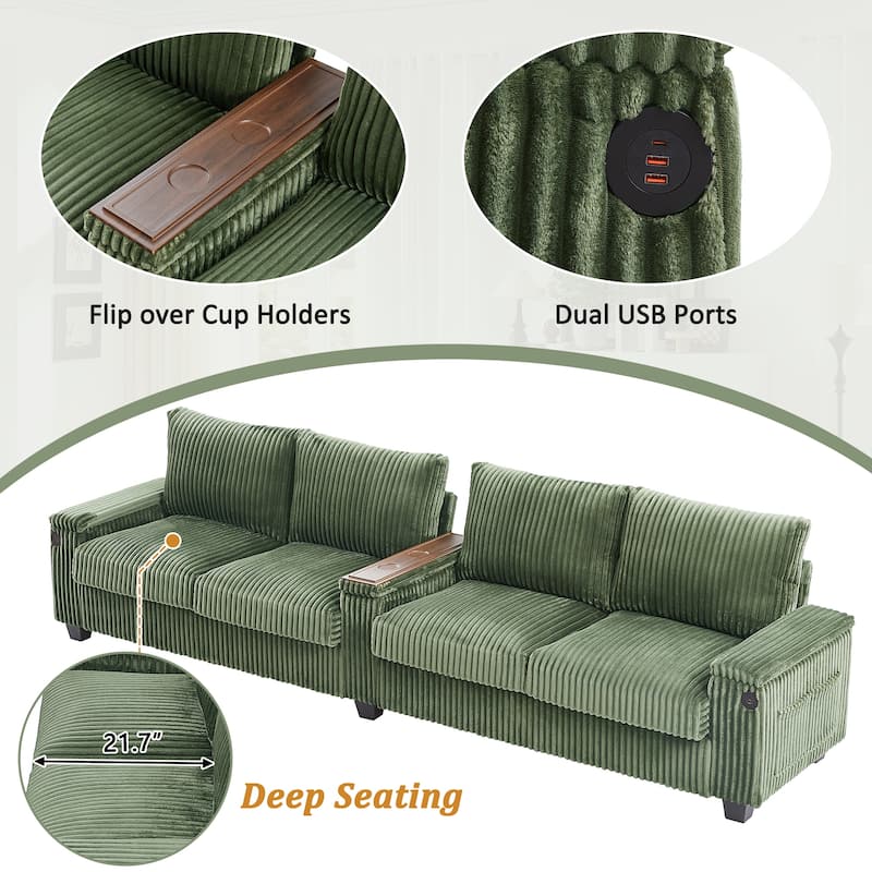 4 Seater Corduroy Sofa Couch with USB Ports and Storage Arms, 133" Modern Sofa with Side Pockets and Flip-Top Cup Holders