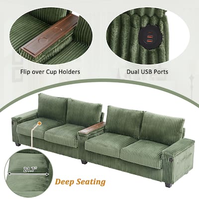 Corduroy Straight Row Sofa 4-seater Sectional Couch Buil-in USB Ports, Flip-Top Cup Holders Storage and Hidden Storage Arms