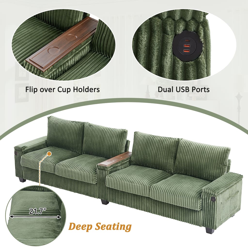 Corduroy Straight Row Sofa 4-seater Sectional Couch Buil-in USB Ports, Flip-Top Cup Holders Storage and Hidden Storage Arms