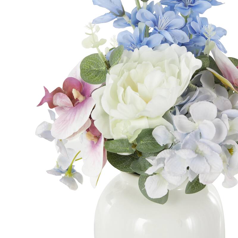 White Fabric Artificial Flower with Green Leaves and Round Ceramic Vase