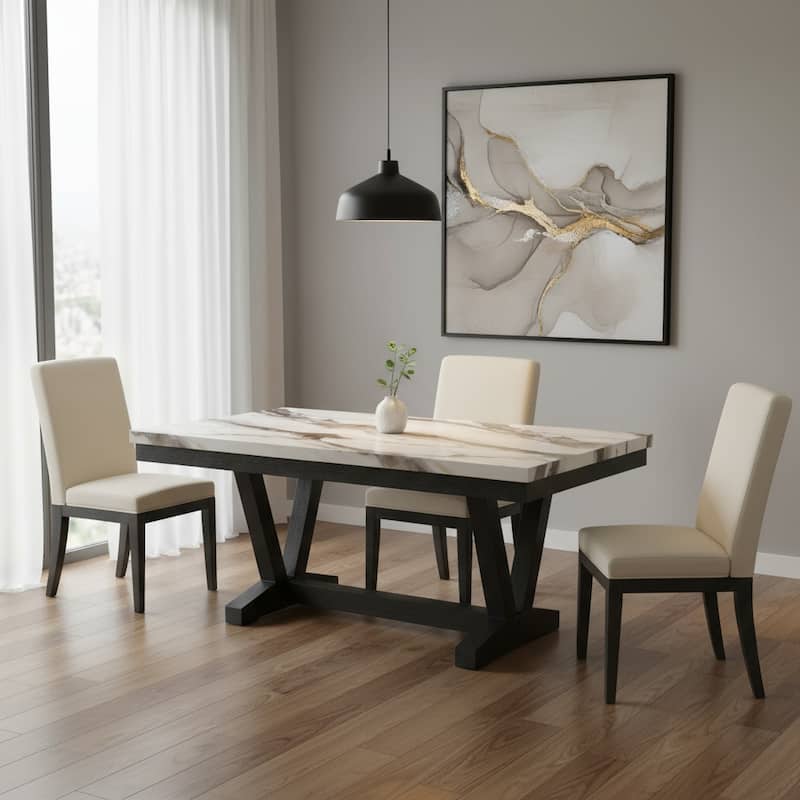 HomeRoots 72" White and Black Faux Marble and Wood Trestle Base Dining Table - 72.00 in. x 31.00 in. x 42.00 in. - White/Black - 72.00 in. x 31.00 in.  x 42.00 in.