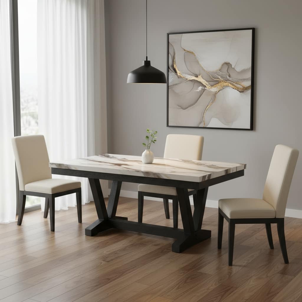 HomeRoots 72" White and Black Faux Marble and Wood Trestle Base Dining Table - 72.00 in. x 31.00 in. x 42.00 in.