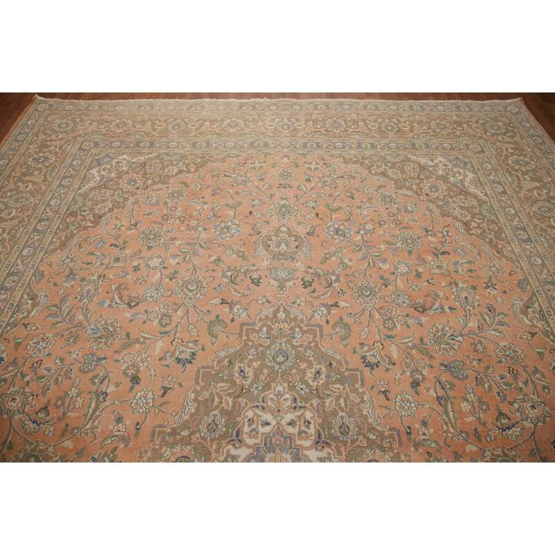 Hand Knotted Oriental 100% Wool Carpet Traditional Floral Coral Mashad Area Rug - 12' 6'' X 9' 7''