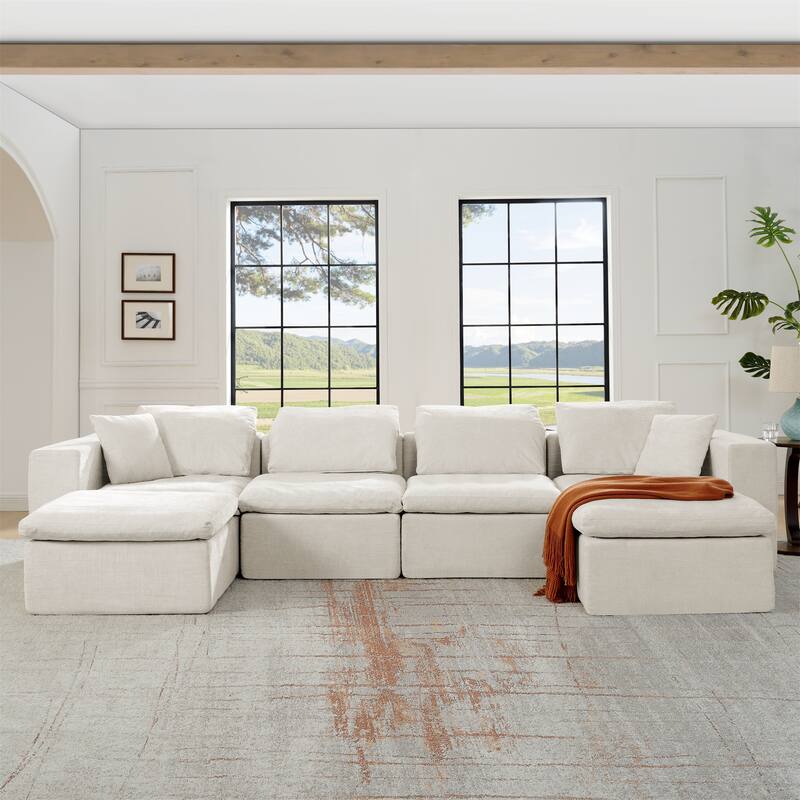 Oversized Sectional Couch U Shaped Cloud Modular Sofa Deep Seat Couch for Living Room Lounge Sleeper Sofa Bed, Chenille Chaise - Beige