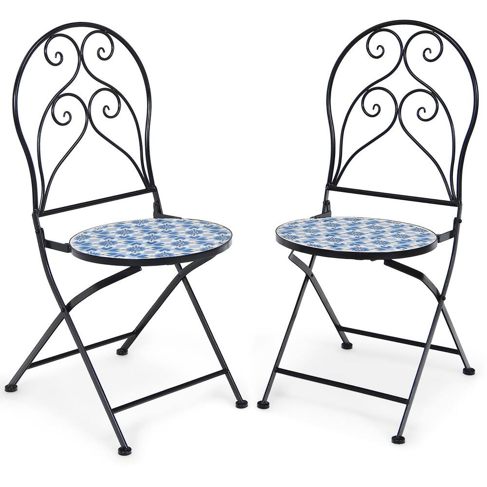 Costway 2PCS Patio Folding Mosaic Bistro Chairs Blue Flower Pattern - See Details