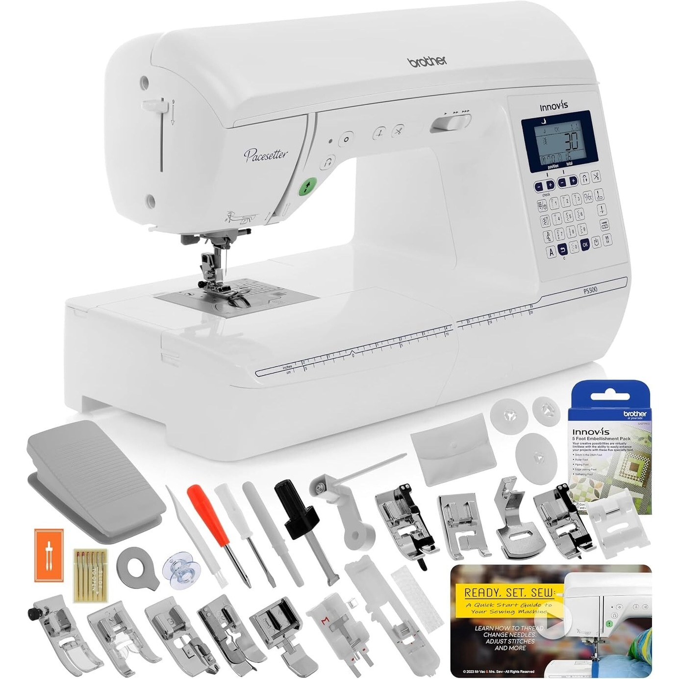 Brother Innov-ís Pacesetter PS500 Computerized Sewing Machine Bundle - Includes Brother 5 Foot Package + Ready, Set, Sew Video