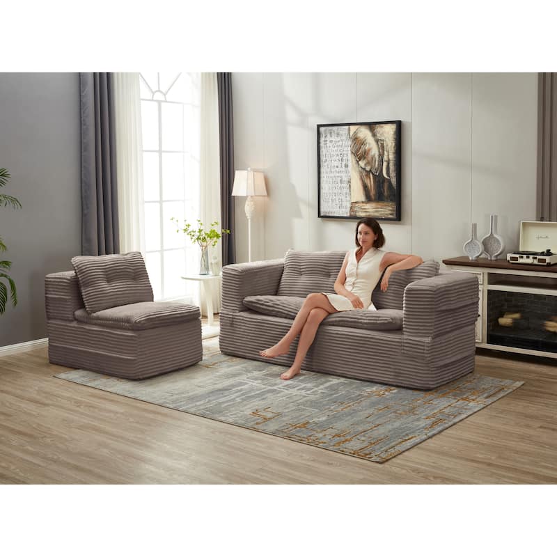 Sleeper Sofa with Chaise Lounge, Convertible Sectional Couch Bed, Corduroy 3-Seat Sofa, Folding Boneless Couch