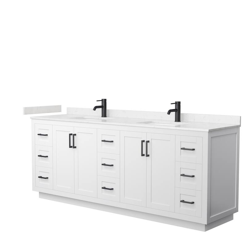 Miranda Double Vanity Set, Cultured Marble Top, No Mirror - 84-Inch Double - White, Black Trim, Carrara Cultured Marble Top