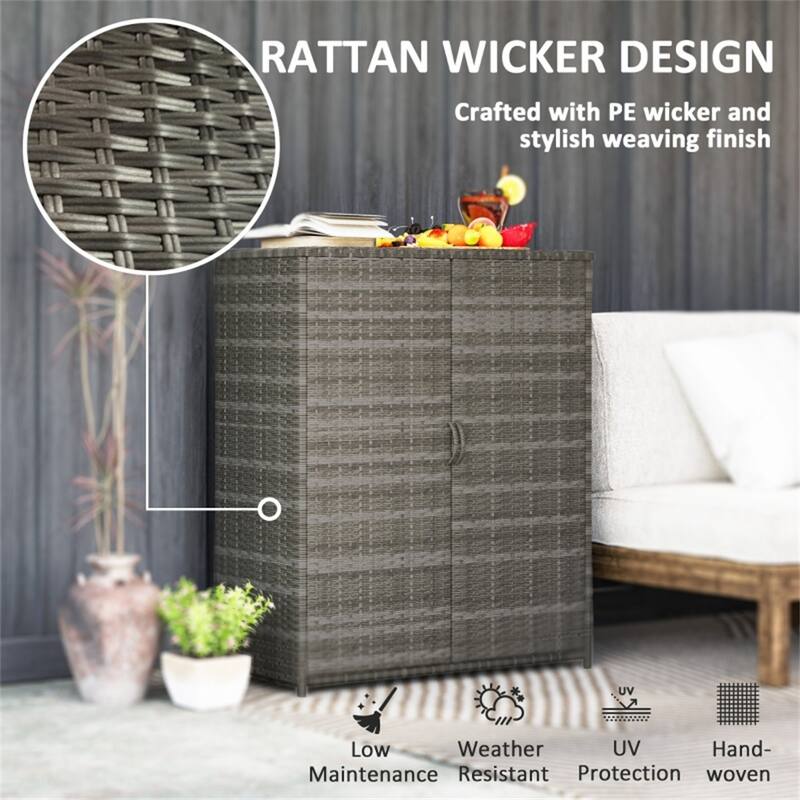 Outdoor Shoe Storage Cabinet with 4 Shelves and Wicker Doors - 33.5" L x 15.7" W x 40.6" H