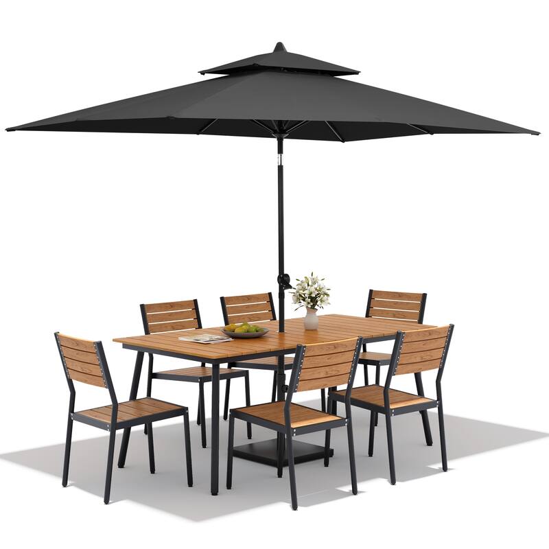9 PC Outdoor Patio Dining Set Wood-Like Aluminum Umbrella Hole Table with Stackable Chairs,Double Top Market Umbrella and Base