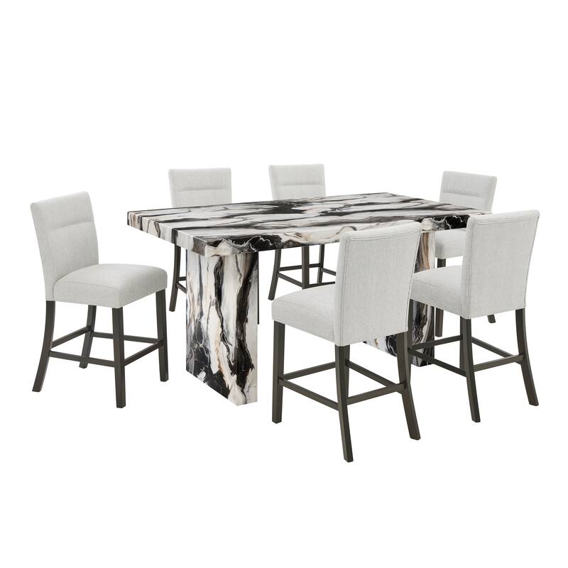 Roundhill Furniture Cavira 7-Piece Modern Faux Marble Dining Set, Counter Height Table with 6 Upholstered Chairs