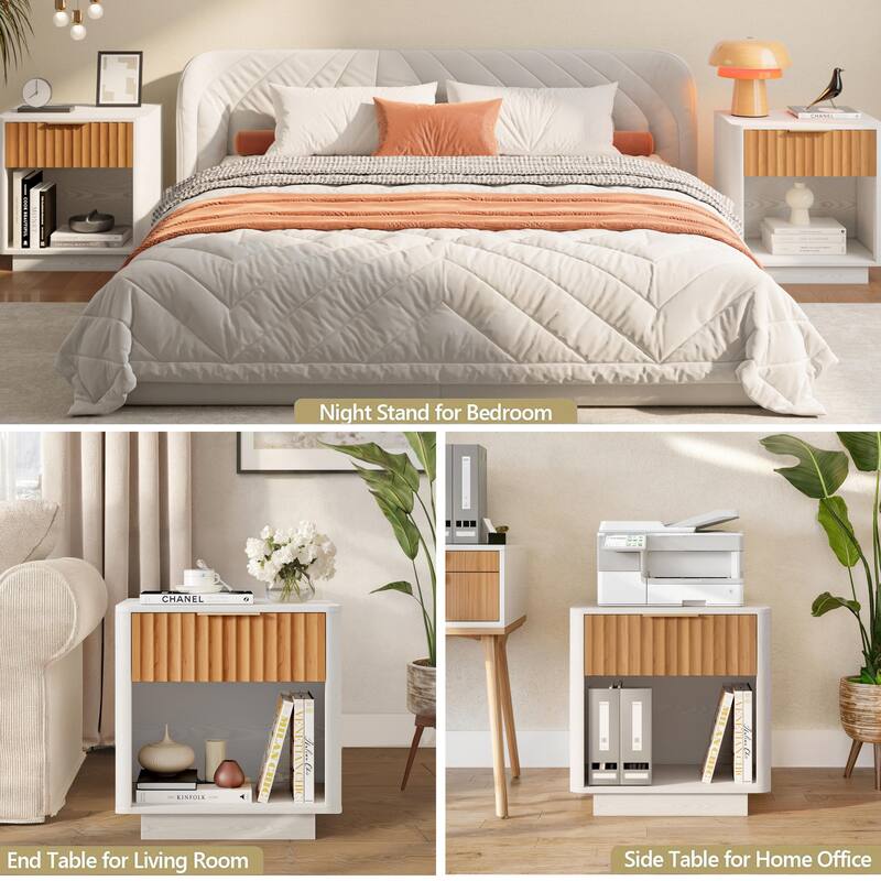 Contemporary Nightstand with Fluted Drawers and Open Storage