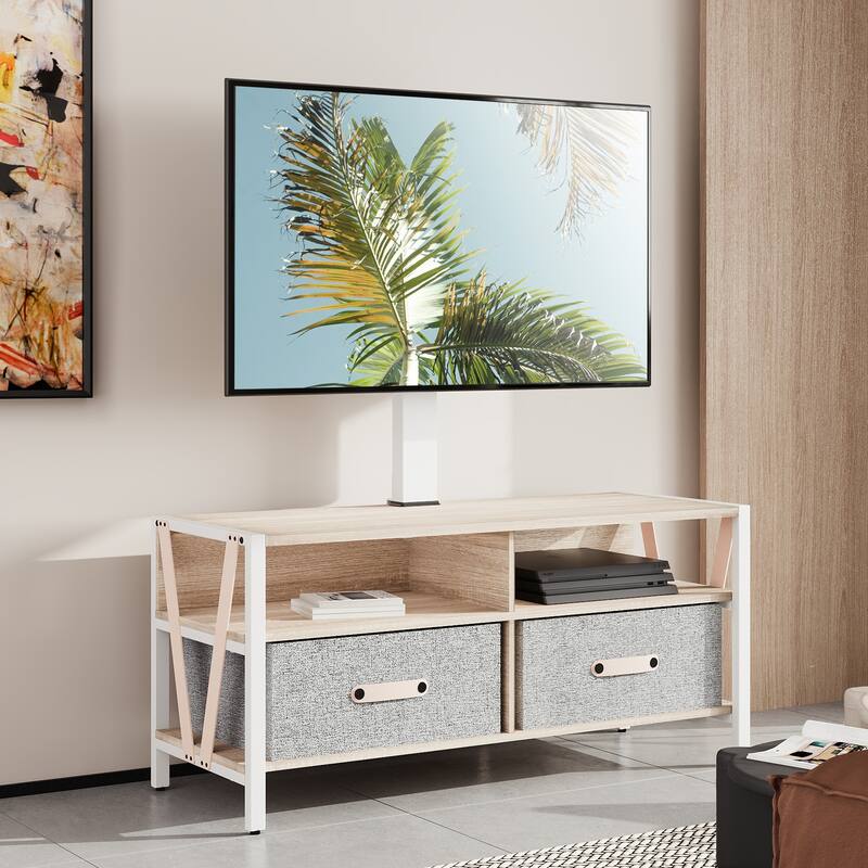 FITUEYES Wood TV Stand with Mount for 55-75 inch TVs Hold up to 88lbs, Swivel and Multi-functional with Foldable Drawers - White