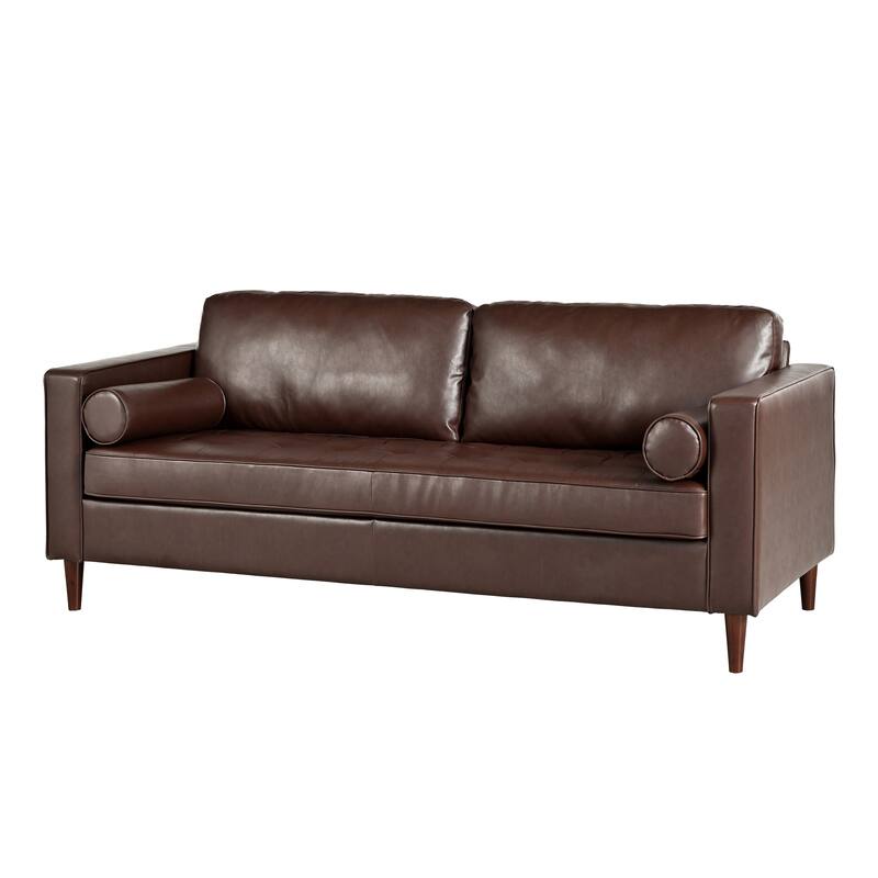 PU Leather Upholstered 3 Seater Sofa, Tufted Sofa with 2 Bolster Pillows, Lounge Sofa Chair with Solid Wood Legs