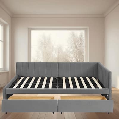 Full Size Upholstered Tufted Platform Bed Frame with 2 Drawers and Armrests, Stylish Velvet Sofa Bed for Bedroom, Daybed