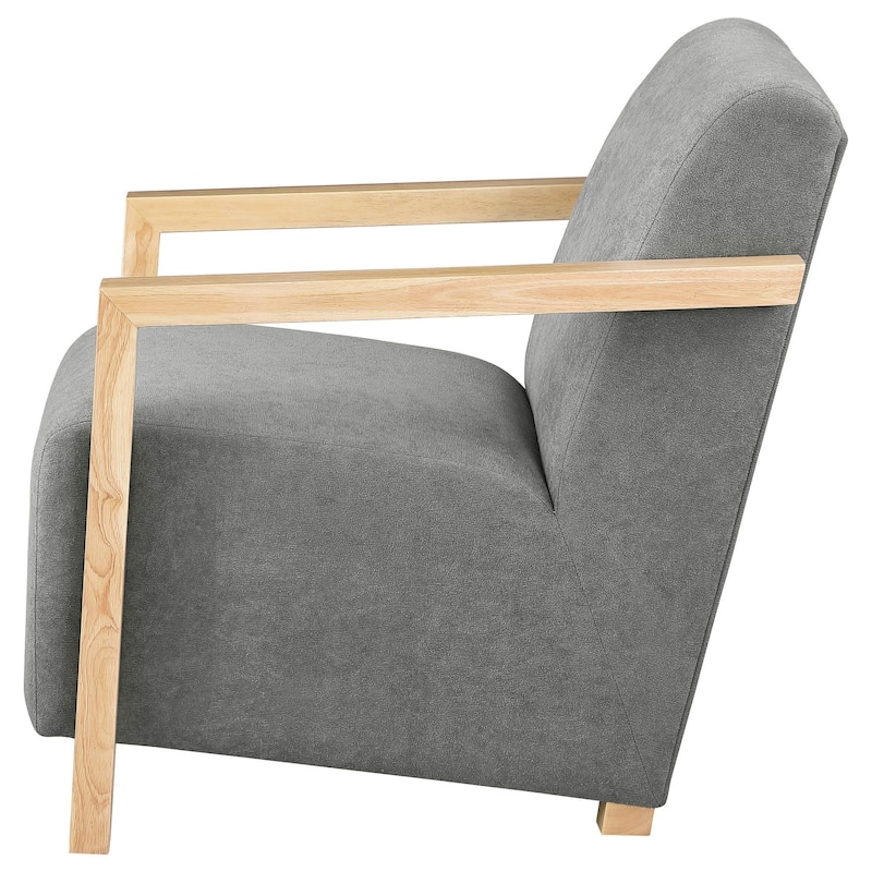 Ellon Accent Armchair, Soft Light Gray Cushioned, Natural Brown Wood