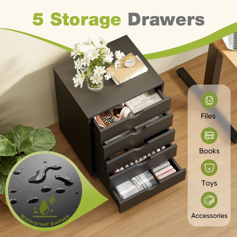 5-Drawer Mobile File Cabinet, Vertical Wooden Storage Dresser with 4 Wheels, Rolling Under Desk Organizer