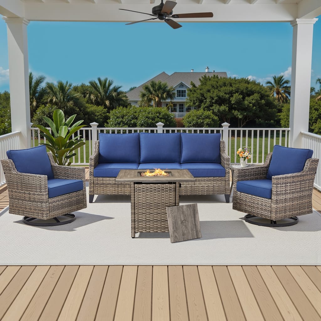 Pocassy 5-Piece Outdoor Sofa Siwvel Chair w/ Fire Pit Table