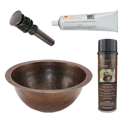 14" Round Under Counter Hammered Copper Bathroom Sink, Matching Drain and Accessories