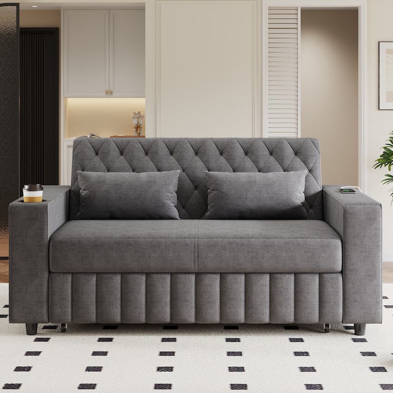 Transformable Chenille Fabric Sofa Bed with Adjustable Tufted Backrest, USB Ports, and Ample Storag - Grey
